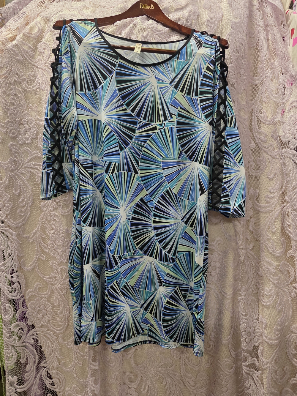 Perseption Blue Multi-Color Geometric Midi Dress